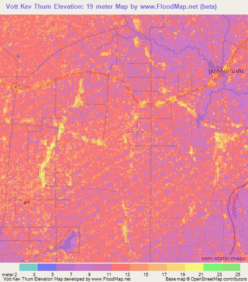 Vott Kev Thum,Cambodia Elevation Map