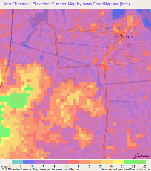 Vott Chheuteal,Cambodia Elevation Map