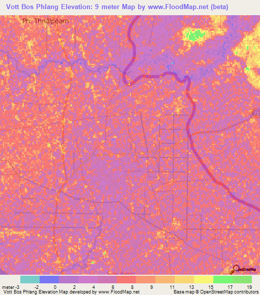 Vott Bos Phlang,Cambodia Elevation Map