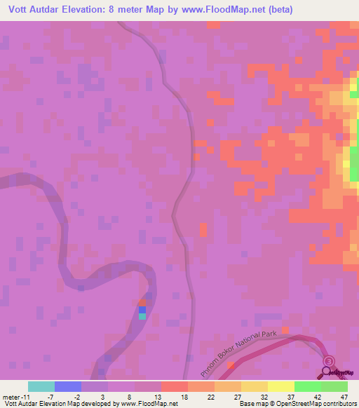 Vott Autdar,Cambodia Elevation Map