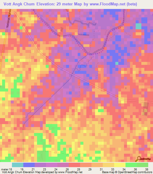 Vott Angk Chum,Cambodia Elevation Map