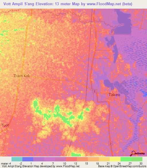 Vott Ampil S'ang,Cambodia Elevation Map