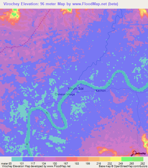 Virochey,Cambodia Elevation Map