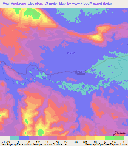Veal Angkrong,Cambodia Elevation Map