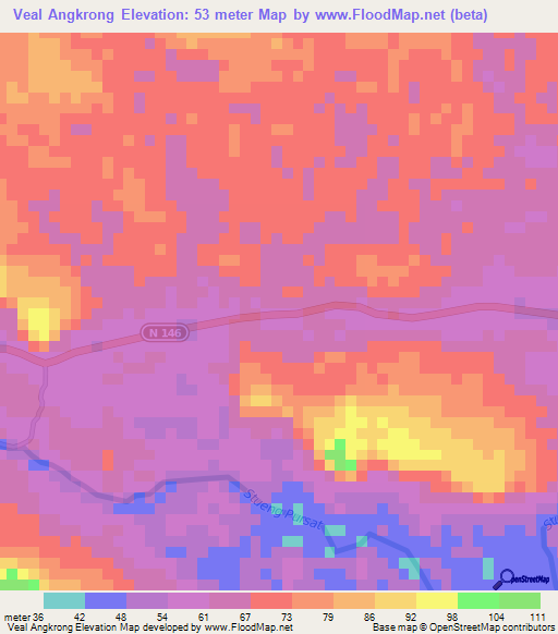Veal Angkrong,Cambodia Elevation Map