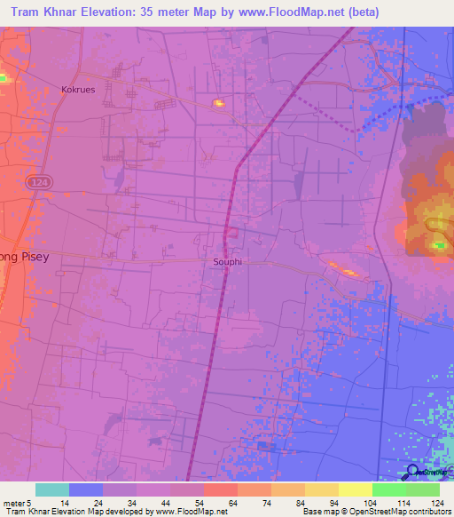 Tram Khnar,Cambodia Elevation Map