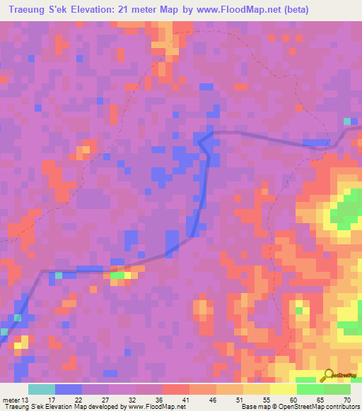 Traeung S'ek,Cambodia Elevation Map
