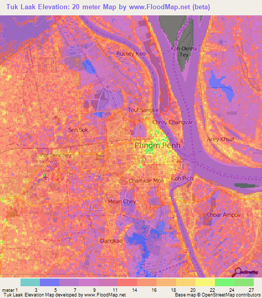 Tuk Laak,Cambodia Elevation Map
