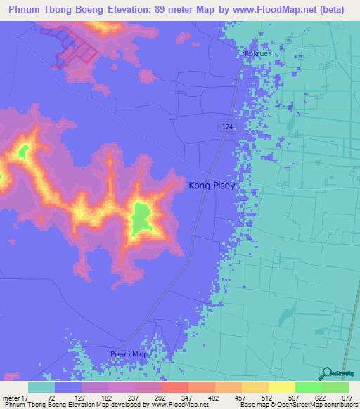 Phnum Tbong Boeng,Cambodia Elevation Map