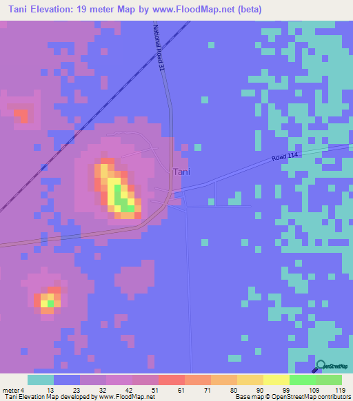 Tani,Cambodia Elevation Map