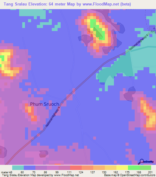 Tang Sralau,Cambodia Elevation Map