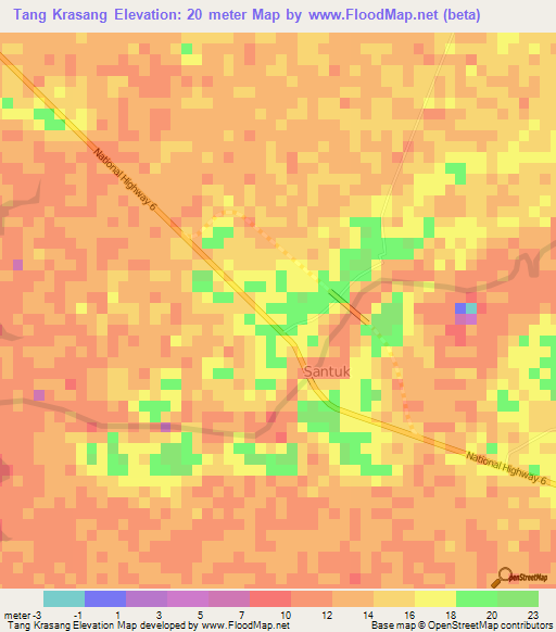 Tang Krasang,Cambodia Elevation Map