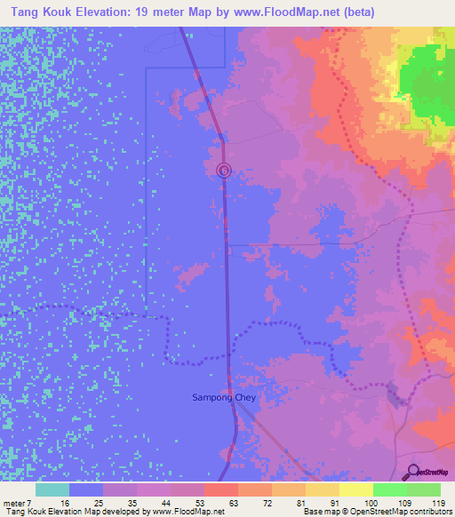 Tang Kouk,Cambodia Elevation Map