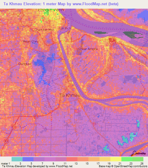 Ta Khmau,Cambodia Elevation Map