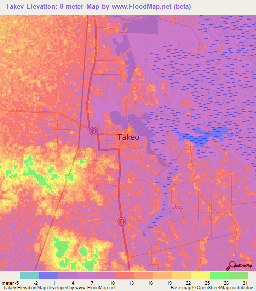 Takev,Cambodia Elevation Map