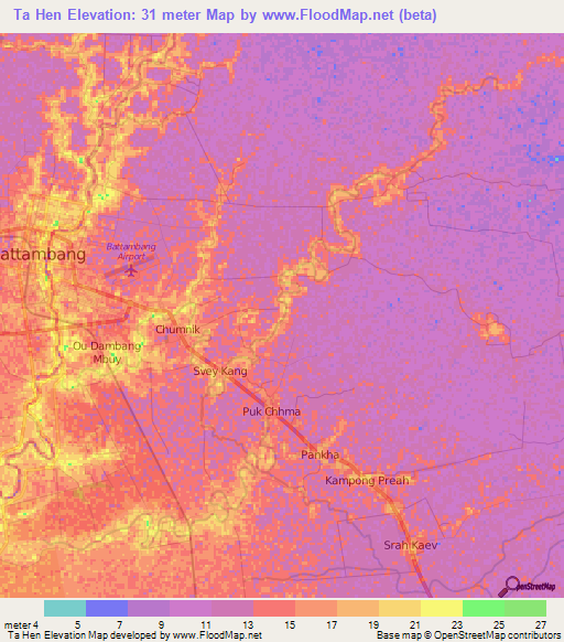 Ta Hen,Cambodia Elevation Map