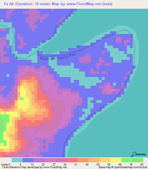 Ta Ak,Cambodia Elevation Map
