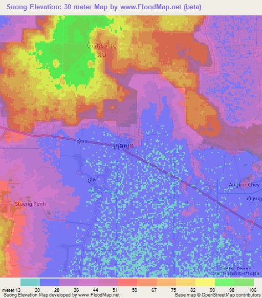 Suong,Cambodia Elevation Map