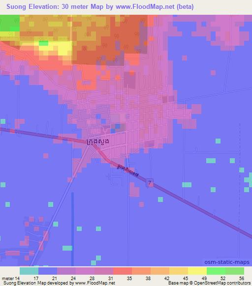 Suong,Cambodia Elevation Map