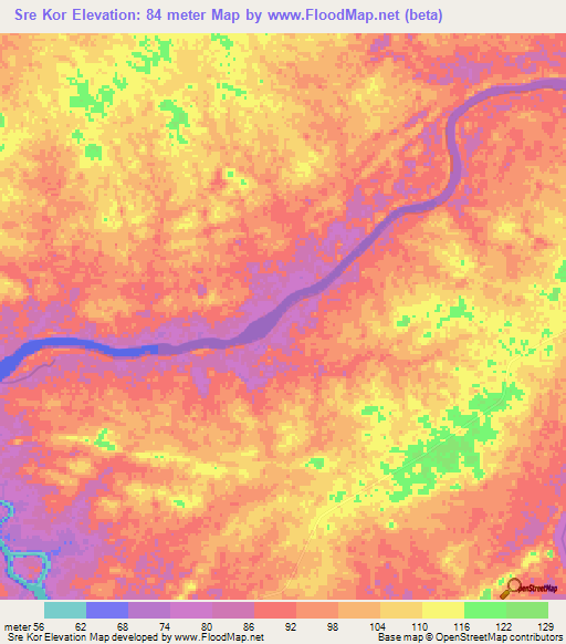 Sre Kor,Cambodia Elevation Map
