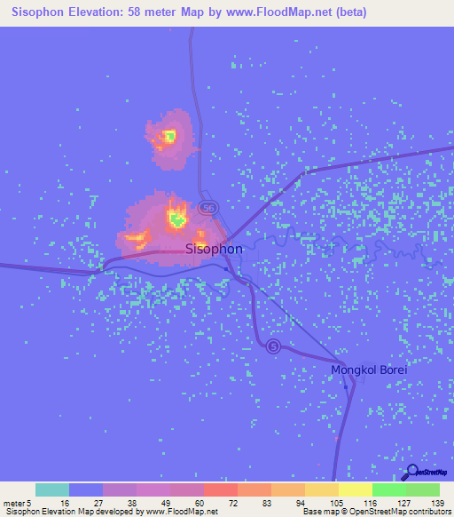 Sisophon,Cambodia Elevation Map