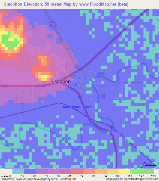 Sisophon,Cambodia Elevation Map