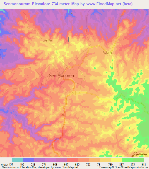 Senmonourom,Cambodia Elevation Map