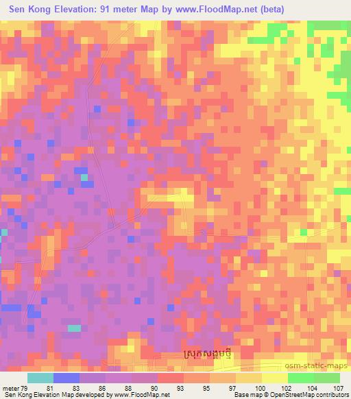 Sen Kong,Cambodia Elevation Map