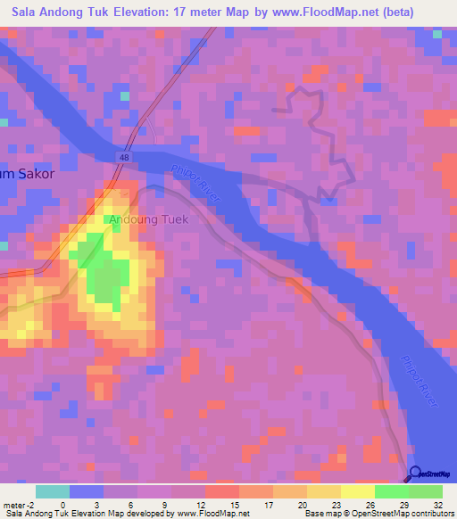 Sala Andong Tuk,Cambodia Elevation Map