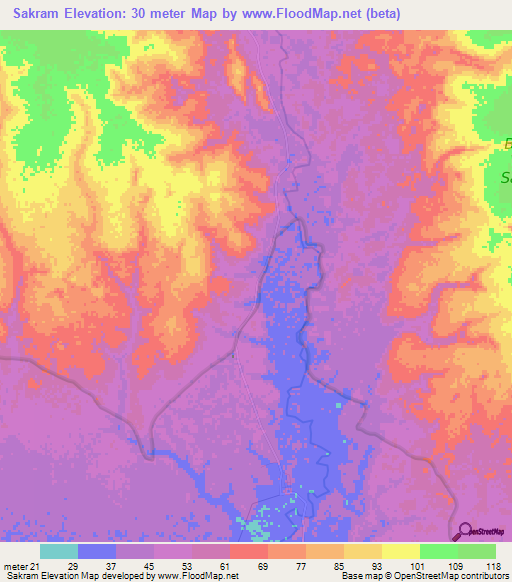 Sakram,Cambodia Elevation Map