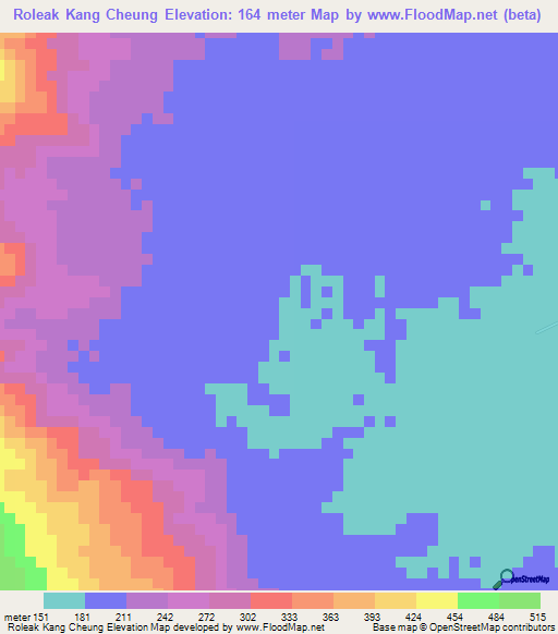Roleak Kang Cheung,Cambodia Elevation Map