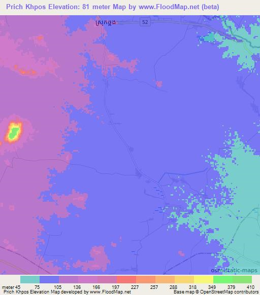 Prich Khpos,Cambodia Elevation Map