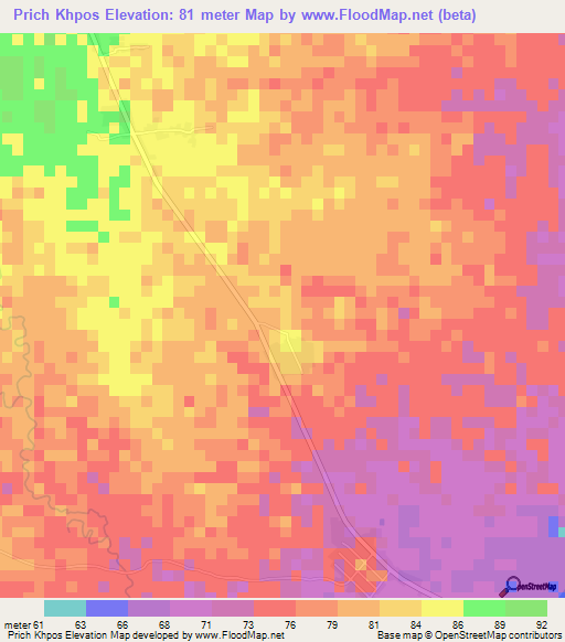 Prich Khpos,Cambodia Elevation Map