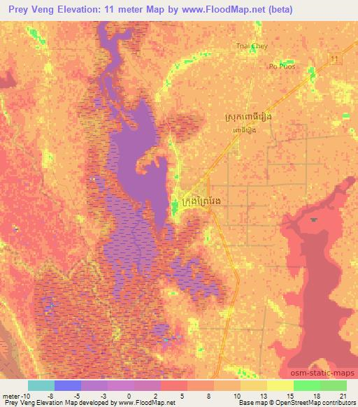 Prey Veng,Cambodia Elevation Map