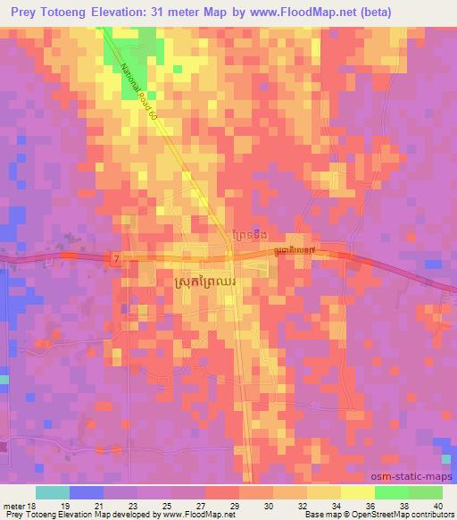 Prey Totoeng,Cambodia Elevation Map