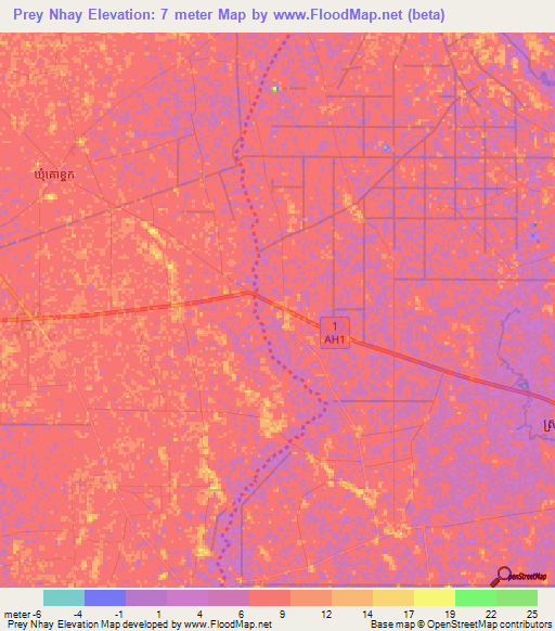Prey Nhay,Cambodia Elevation Map