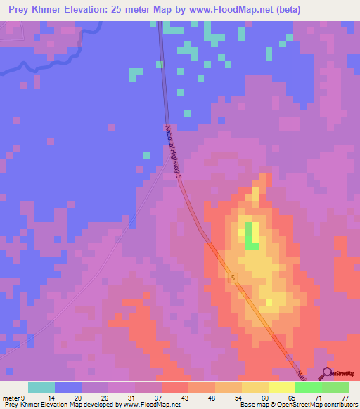 Prey Khmer,Cambodia Elevation Map