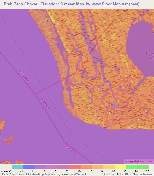 Prek Pech Chakrei,Cambodia Elevation Map