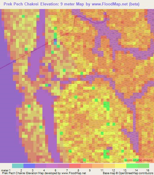Prek Pech Chakrei,Cambodia Elevation Map