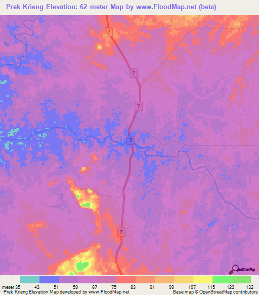 Prek Krieng,Cambodia Elevation Map