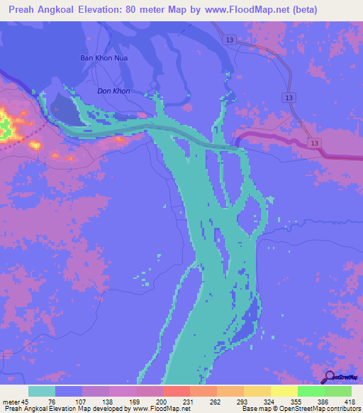 Preah Angkoal,Cambodia Elevation Map