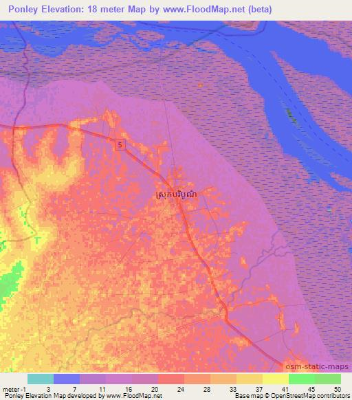 Ponley,Cambodia Elevation Map