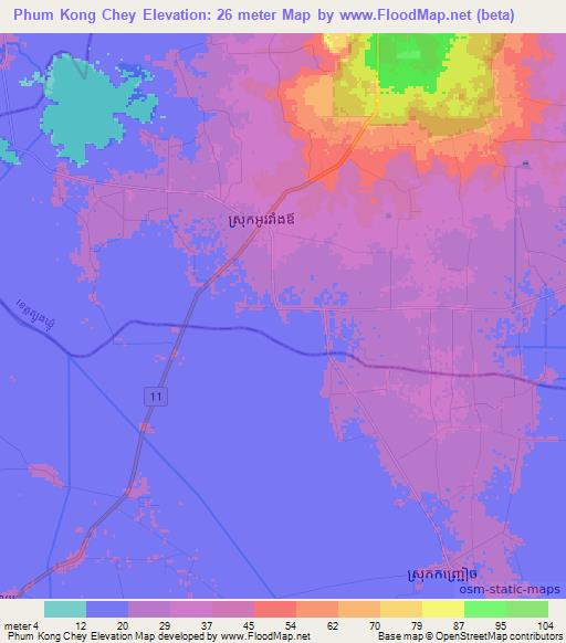 Phum Kong Chey,Cambodia Elevation Map