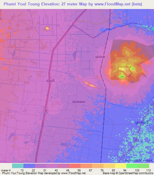 Phumi Youl Toung,Cambodia Elevation Map