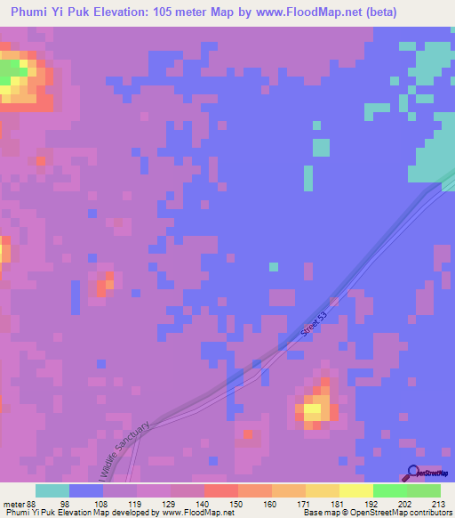Phumi Yi Puk,Cambodia Elevation Map