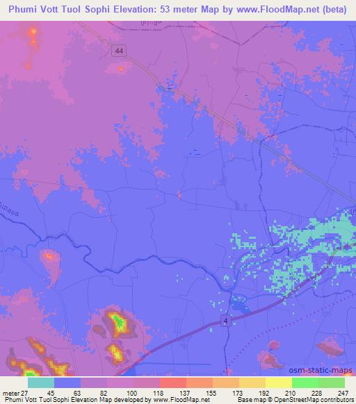 Phumi Vott Tuol Sophi,Cambodia Elevation Map