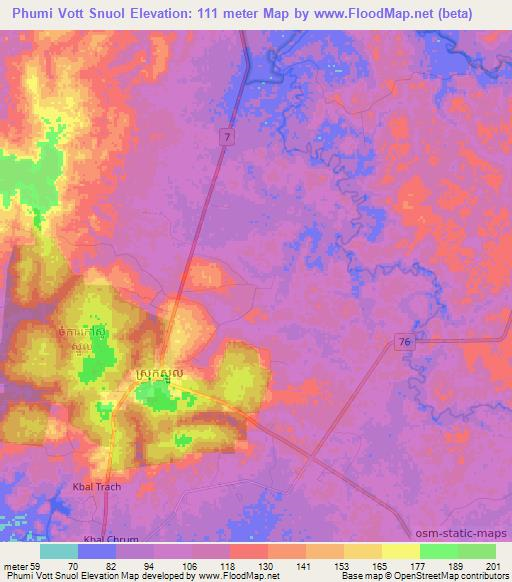 Phumi Vott Snuol,Cambodia Elevation Map