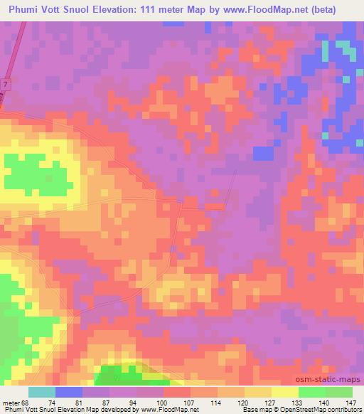 Phumi Vott Snuol,Cambodia Elevation Map