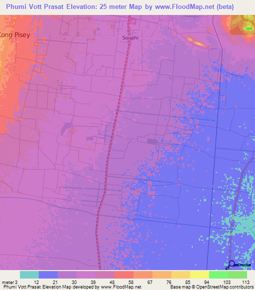 Phumi Vott Prasat,Cambodia Elevation Map