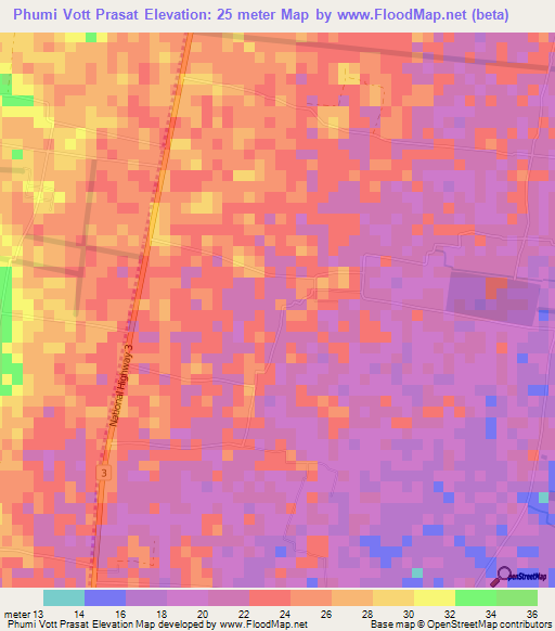 Phumi Vott Prasat,Cambodia Elevation Map